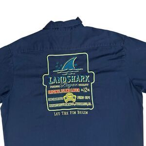 Landshark Lager Button Shirt Mens XXL Mechanic Short Sleeve Blue Embroidered